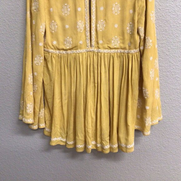 Fate Yellow Embroidered Bell Sleeve Top Boho Top Babydoll Loose Size Small - Picture 6 of 10